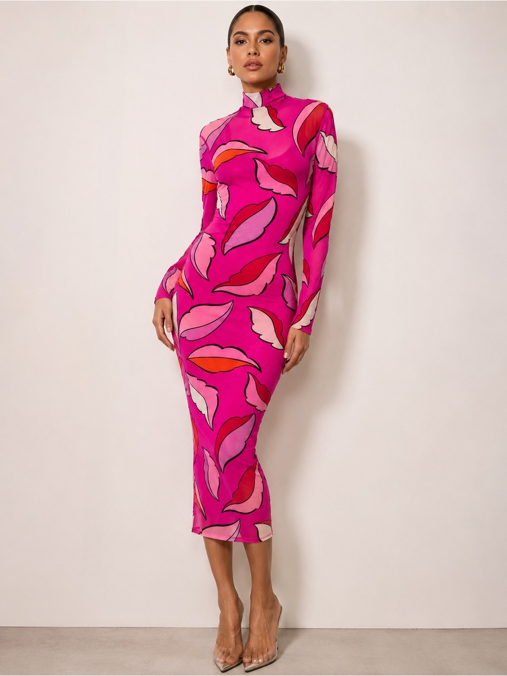 Fuchsia Long Sleeve Mockneck Midi Dress with Abstract Petal Print